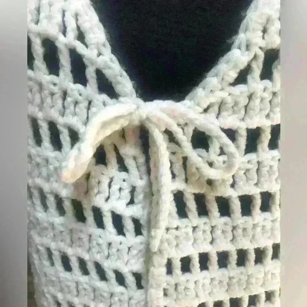 BOHO LONG WHITE OPEN CROCHETED VEST COUNTRY CONCERTS COASTAL COWGIRL SIZE S M L - Picture 6 of 10